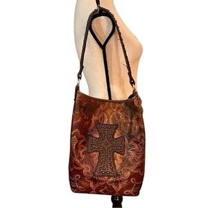 Double J Saddlery Brown Leather Shoulder/Tote Bag With Studded Cross